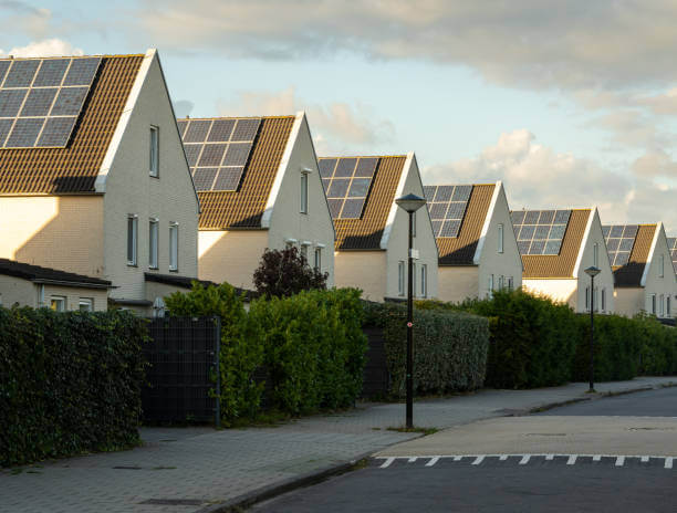 Modern dutch houses with solar panels on the roof