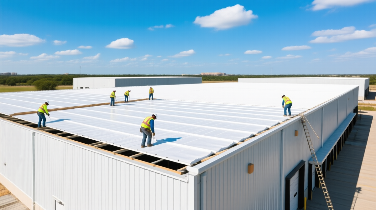 Professional installation of white TPO roofing membrane on a commercial warehouse building in San Antonio, Texas under bright sunny skies