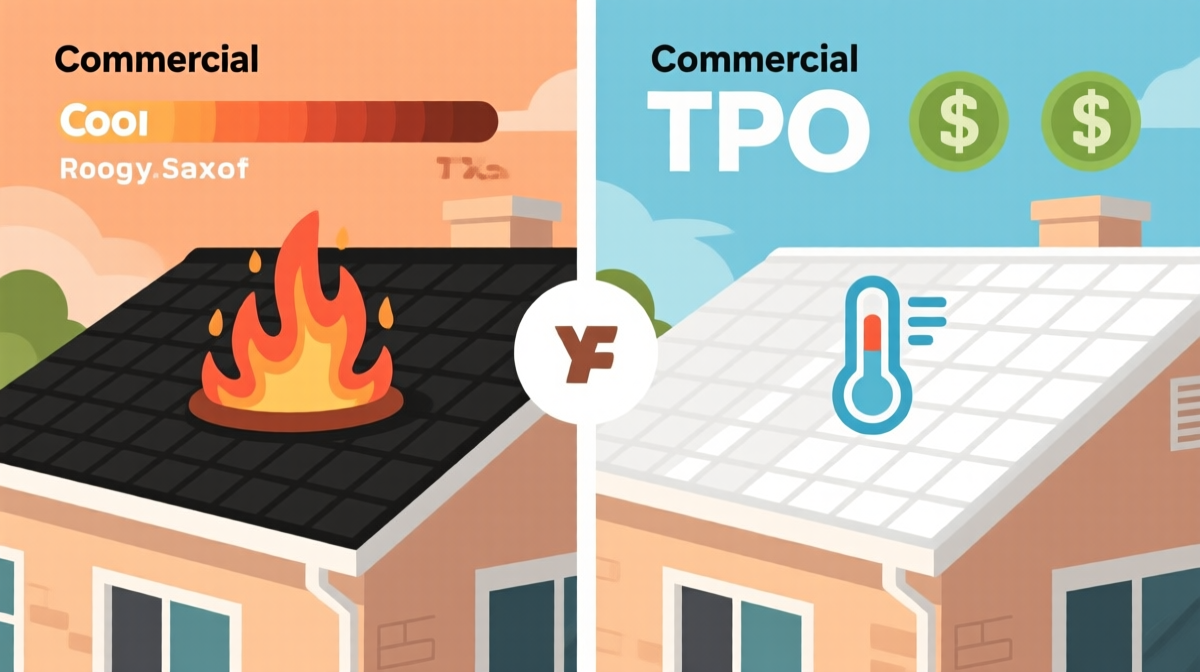 Infographic comparing energy costs between dark traditional roof and reflective white TPO cool roof for commercial buildings in San Antonio climate