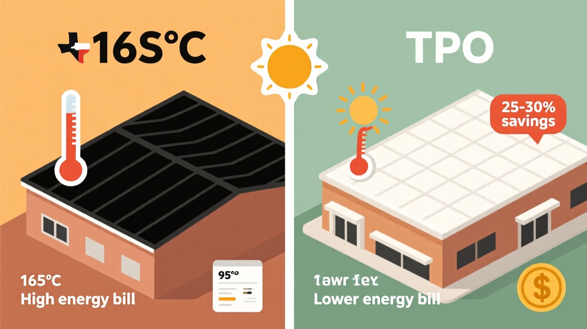Infographic comparing energy costs between dark roof and cool white TPO roof for commercial buildings in San Antonio, Texas — showing 25-30% cooling savings