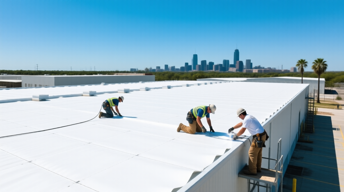 Commercial roofing crew installing white TPO membrane on warehouse roof in San Antonio, Texas under bright sunshine