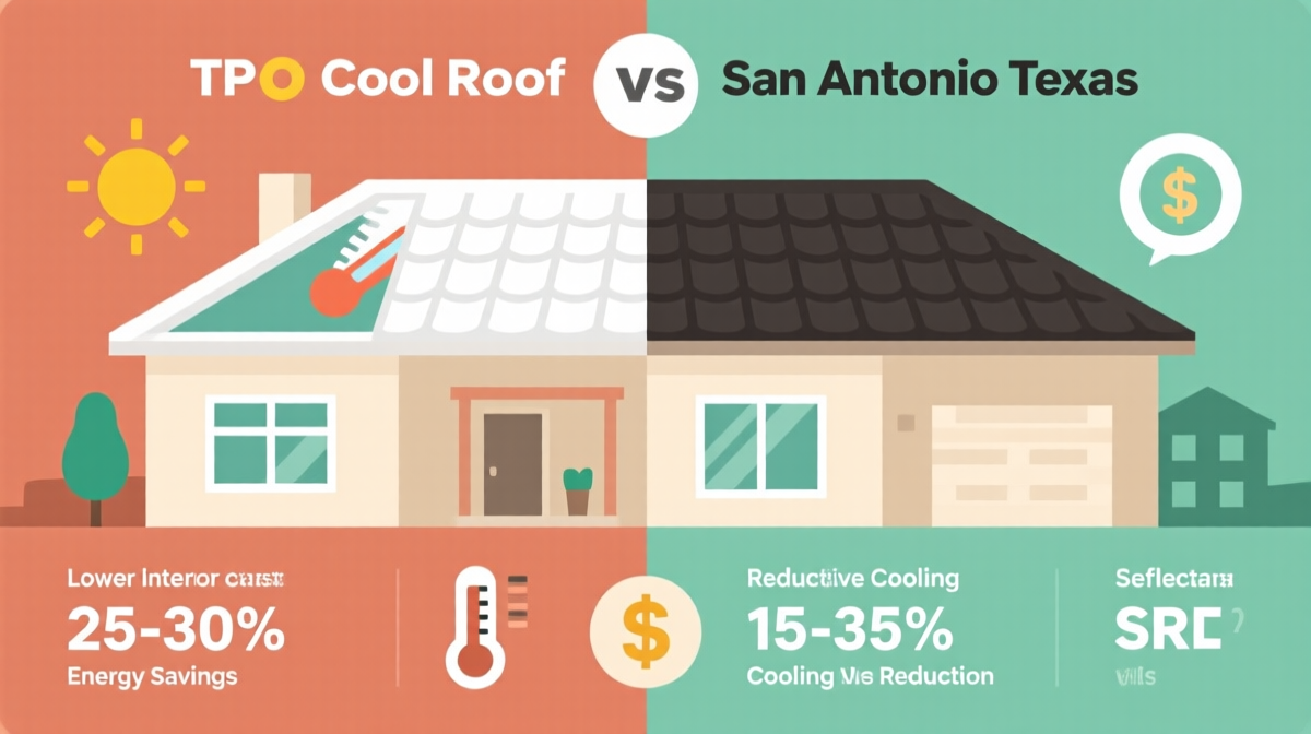 Infographic showing energy savings comparison between TPO cool roof and dark roof for San Antonio commercial buildings