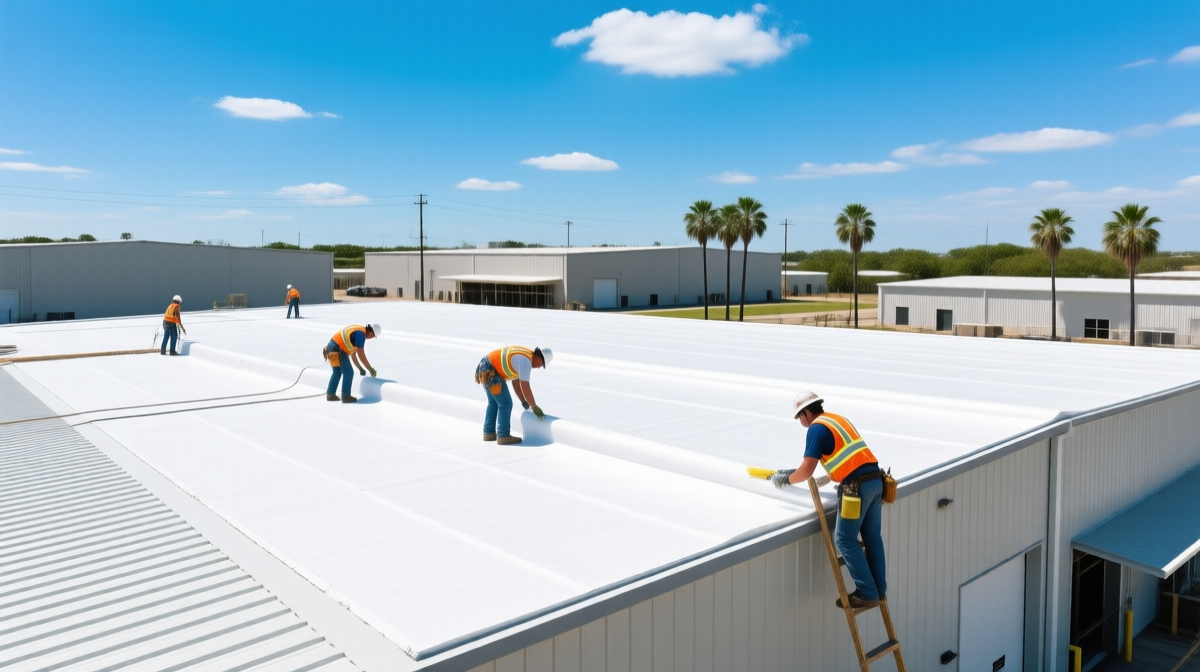 Commercial TPO roofing installation on a warehouse in San Antonio, Texas — bright white membrane under South Texas sunshine